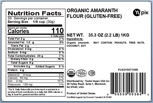 Yupik Organic Amaranth Flour 2.2 lb (35.2 oz), USDA Certified, Gluten-Free, Non-GMO, Vegan, Kosher, Finely Milled Nutty Flour, Non-Flavoured
