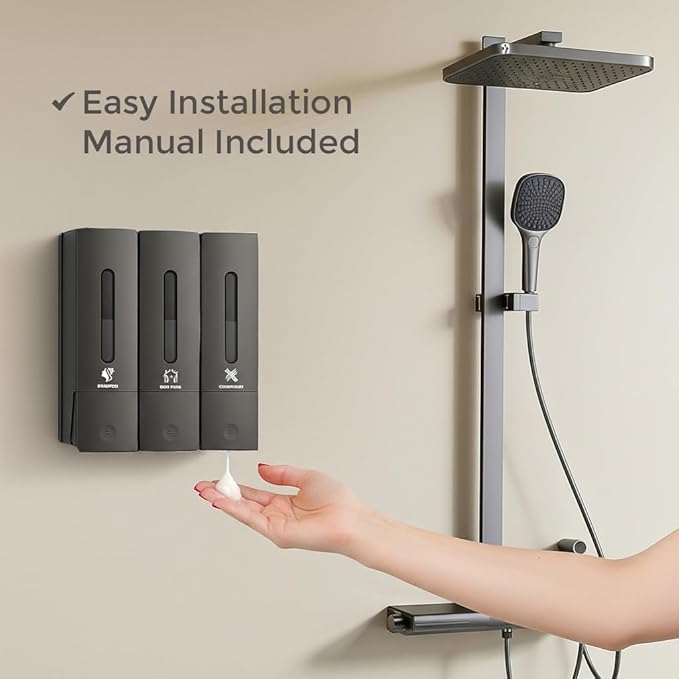 Soap Dispenser - 3 Chamber - 3x400ml - No Drill Wall Mount Bottles Organizer Toiletries for Cream Lotion Liquid Soaps Shampoo Conditioner Storage - Modern Essentials Bathroom Set - Gunmetal 2