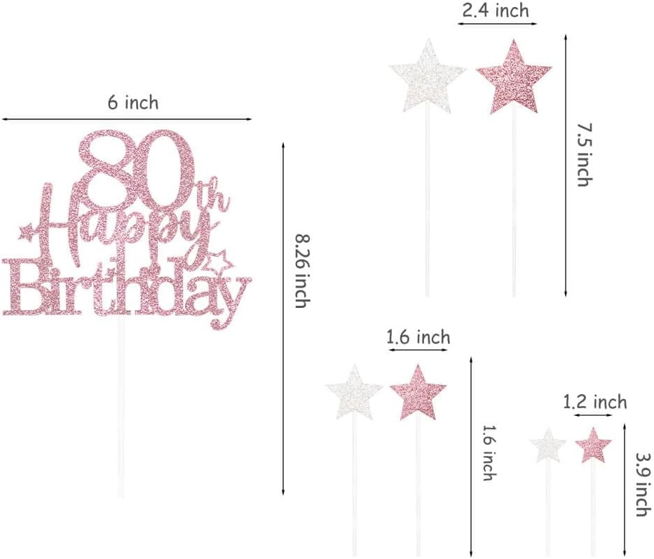 Glittery 80th Happy Birthday Cake Topper with Star,Personalised 80 Birthday Cake Toppers Party Decorations Party Supplies for Men Women Rose Gold