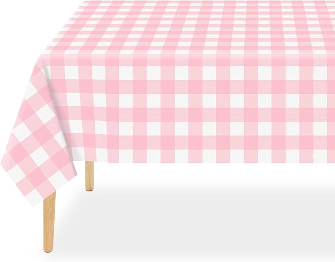 QIKSION Pink Gingham Tablecloth Disposable 6 Pack, 54 x 108 Inch Pink and White Checkered Table Cloth for Baby Shower, Easter, Mothers Day Decorations, Birthday Party, Rectangle, Plastic Table Cover