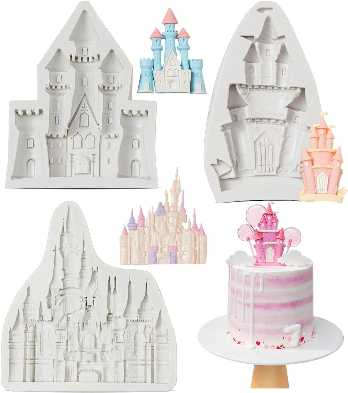 Kalaien Castle Silicone Mold,3Pcs/Set Castle Cake Fondant Molds,Princess Chocolate Molds Castle Silicone Mirror Mould for Cake Decorating, FTM5036
