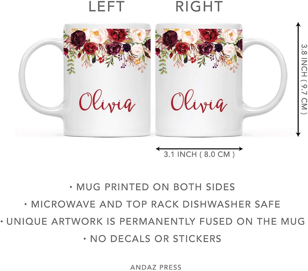 Andaz Press Personalized 11oz. Wedding Ceramic Coffee Tea Mug Bridesmaid Gift, Fall Autumn Marsala Burgundy Flowers Roses Florals, Olivia, 1-Pack