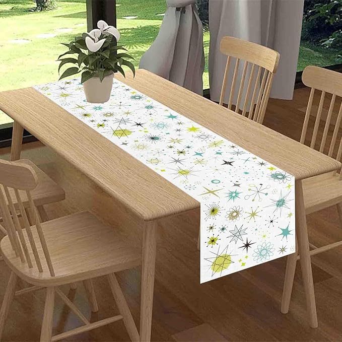 Mid Century Table Runner, Retro 1950s Atomic Pattern Modern Abstract Geometric Coffee Table Center Decor for Home Kitchen Dining Patio Holiday Party Indoor Outdoor Table Decorations, 13"x36" Inch
