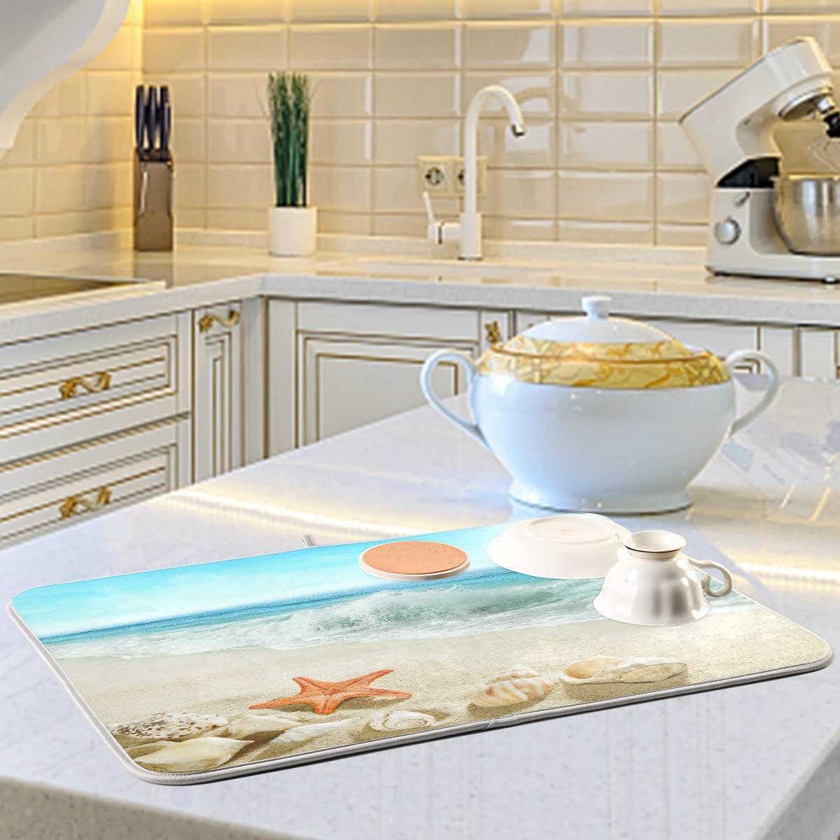 Summer Beach Dish Drying Mat 18 x 24 Inch Sea Wave Shells Starfish Drying Mat with High Absorbent Reversible Microfiber Kitchen Mat Dish Rack Pad