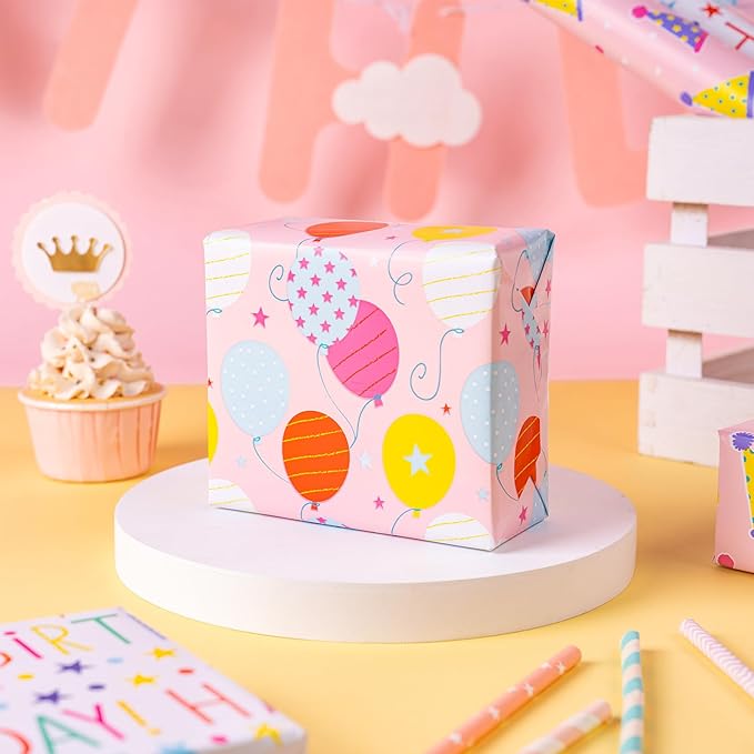 LeZakaa Birthday Wrapping Paper Roll - Mini Roll - Ice Cream/Ballon/ “Happy Birthday Lettering for Gift Wrap, DIY Craft - 17 x 120 inches - 3 Rolls (42.5 sq.ft.ttl.)