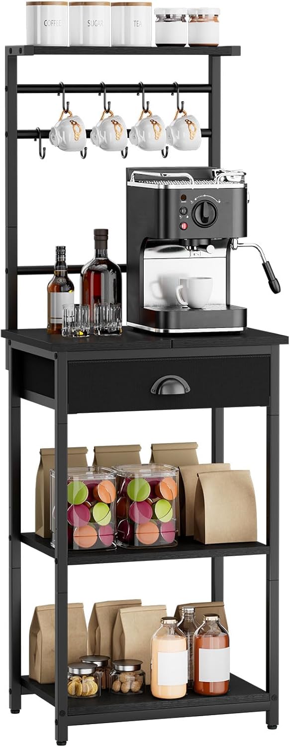 Ymyny 5 Tier Coffee Bar Station, Coffee Stand with Fabric Drawers, 8 S-Shaped Hooks, Corner Bar Cabinet, Height Adjustable, Bakers Rack for Kitchen