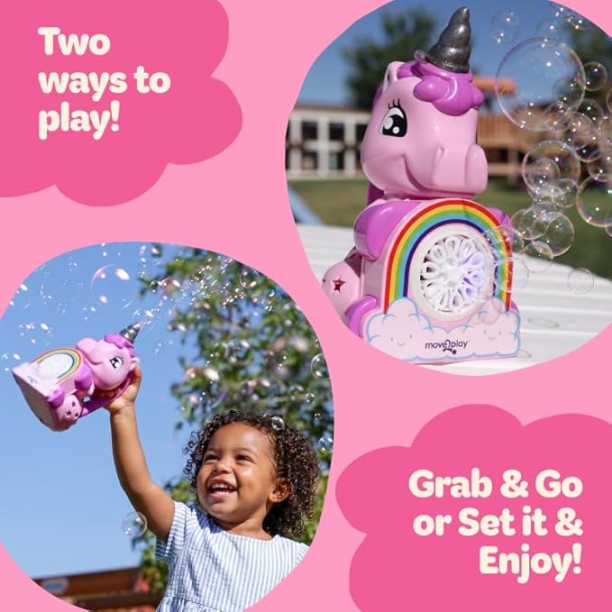 Move2Play, Unicorn Bubble Blower | Basket Stuffer | Bubble Machine | Toy for Toddlers, Boys and Girls | Indoor & Outdoor | Birthday Party | Summer Fun | Gift for Girl 1, 2, 3, 4+ Years Old