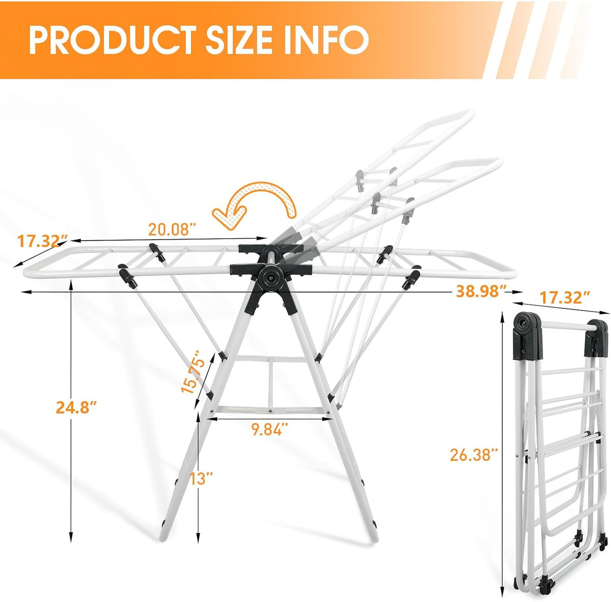 Clothes Drying Rack, Metal Foldable Laundry Drying Rack, with Adjustable Height Levels Wings, Space Saving, Indoor Outdoor Use
