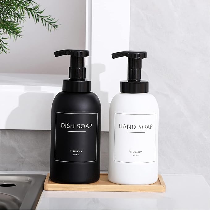 Foaming Hand Soap Dispenser Glass Jar Foam Dish Soap Dispenser for Bathroom and Kitchen Sink, Liquid Pump Bottle for Shampoo, Body Wash, Hand Soap, Black + White, 2 Pack