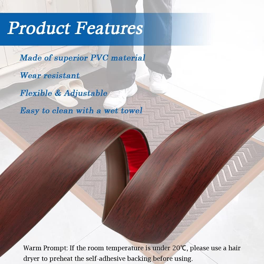 Floor Transition Strip Self Adhesive Carpet & Flooring Transitions Edging Trim Strip PVC Threshold Transitions Suitable for Threshold Height Less Than 5mm (20Ft, Wood Grain Coffee)