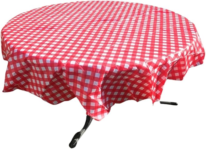 Oojami Pack of 4 Round Checkered Tablecloth - Red & White Plastic Disposable Table Covers for Parties and Events - 78" Diameter