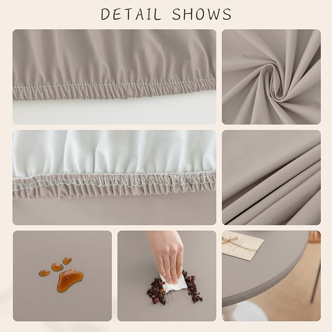 Round Fitted PU Tablecloth with High Elastic Edge 51 Inch Dia Waterproof Oil Proof Table Cloth Anti-Scald Stain-Resistant Wipeable Table Cover for Indoor Outdoor Picnic (Grey,51" Dia)