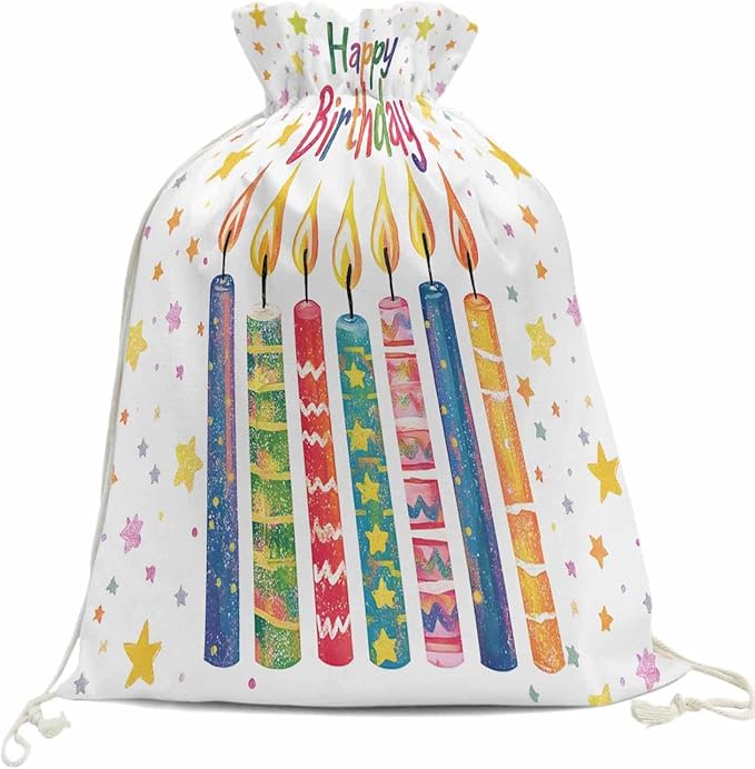 Victoroes Happy Birthday Drawstring Gift Bags 1 Piece, 27.5" x 31.5" Large Colorful Star Candles Gift Bag Reusable Fabric Wrap Bags for Wedding Party Birthday Christmas Seasonal Holiday