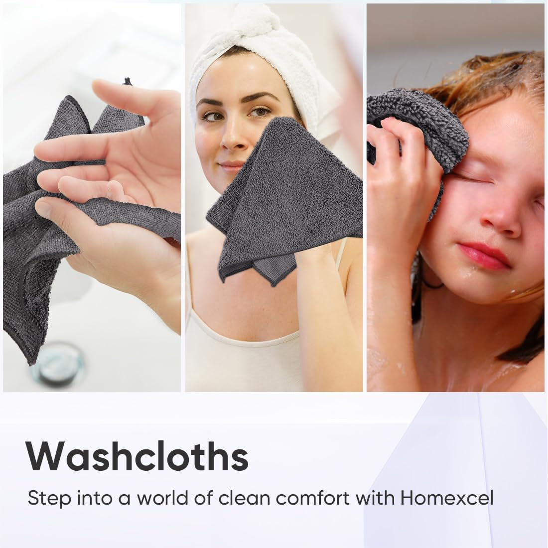 HOMEXCEL Microfiber Washcloths 12 Pack, Highly Absorbent and Soft Face Towel, Multi-Purpose Grey Wash Cloths for Bathroom, Hotel, Spa, Gym, and Kitchen, 12x12 Inch