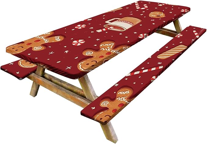 Picnic Table Cover with Bench Covers Set of 3, Elastic Fitted Tablecloth for 6 Foot Tables, Washable Polyester Tablecloths for Camping, Indoor & Outdoor