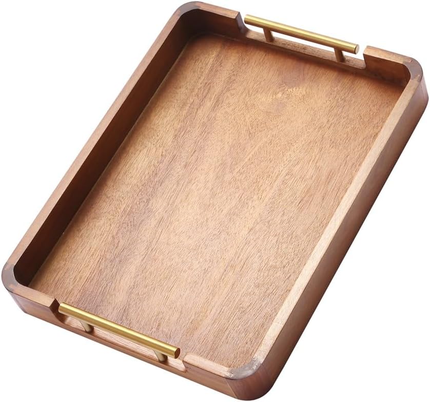 Acacia Wood Serving Tray with Handles, 17x13 Inch Ottoman Tray for Coffee Table,Candle Display,Breakfast in Bed