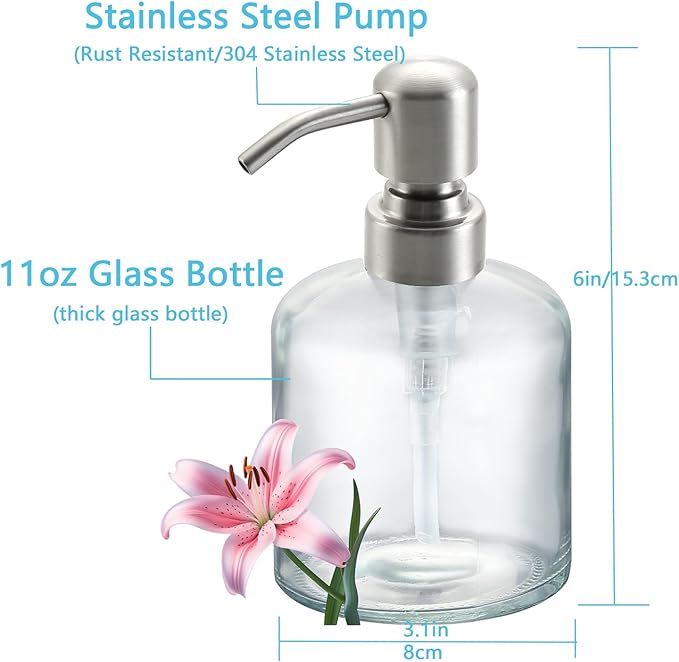 Clear Glass Soap Dispenser, 11 Oz Boston Round Bottle Dispenser with Stainless Steel Pump, Refillable Kitchen & Bathroom Countertop Dish Soap Dispenser, Brushed Nickel