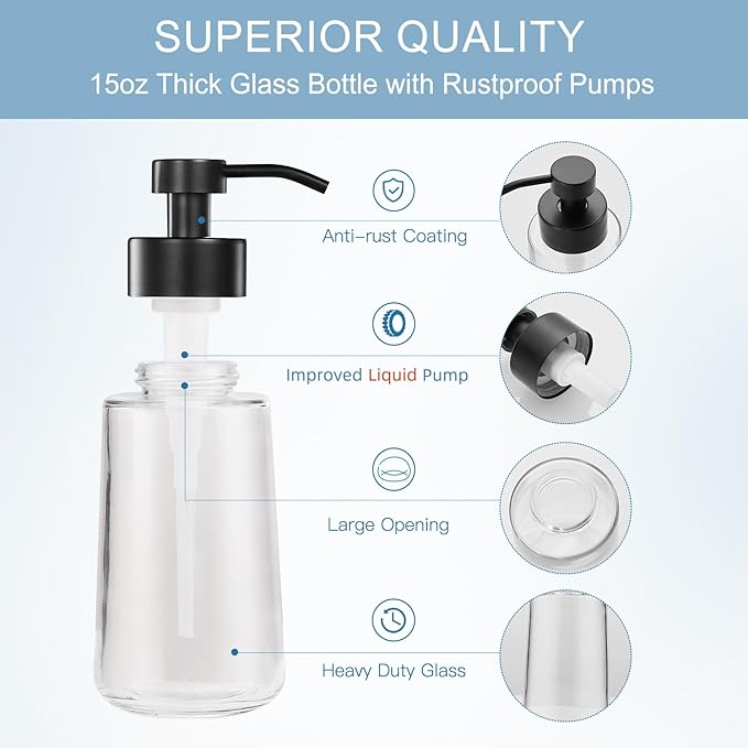 Soap Dispenser, Clear Glass Soap Dispenser with Rust Proof Pump, 16oz Liquid Soap Pump with Waterproof Labels, Dish & Hand Soap for Bathroom, Kitchen, Matte Black, Pack of 2