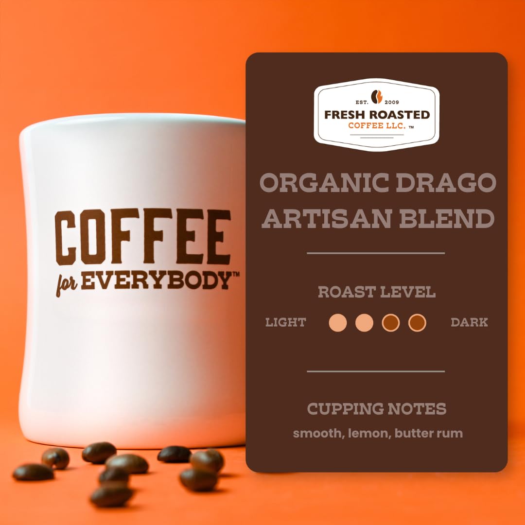Fresh Roasted Coffee, Organic Drago Café Blend, USDA Organic, Kosher, Medium Roast 2 lb (32 oz) Whole Bean