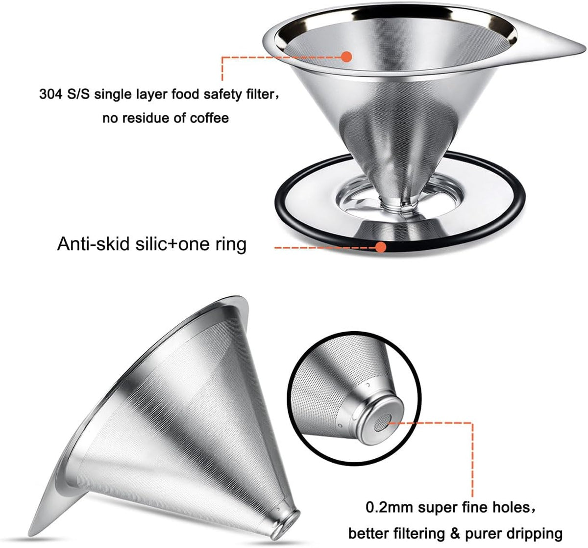 LHS Pour Over Coffee Dripper Stainless Steel Coffee Filter Metal Cone Filter Paperless Reusable Coffee Filter Single Cup Coffee Maker 1-2 Cup With