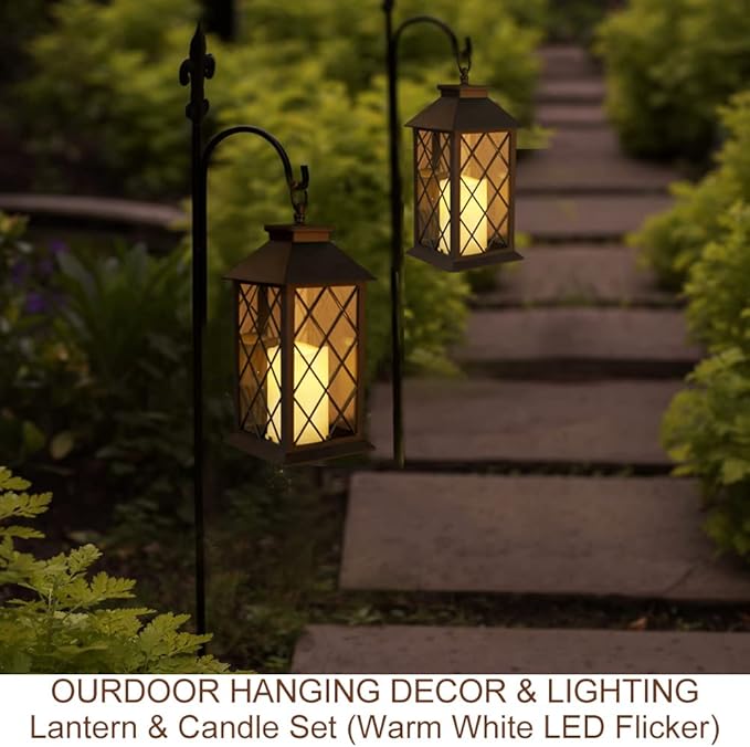 2-Pack 13.5" Vintage Candle Lantern with LED Pillar Candle (Black, 6hr Timer) - IP44 Waterproof Battery Powered Decorative Light - Outdoor Patio Hanging Lantern Decorative Tabletop Light