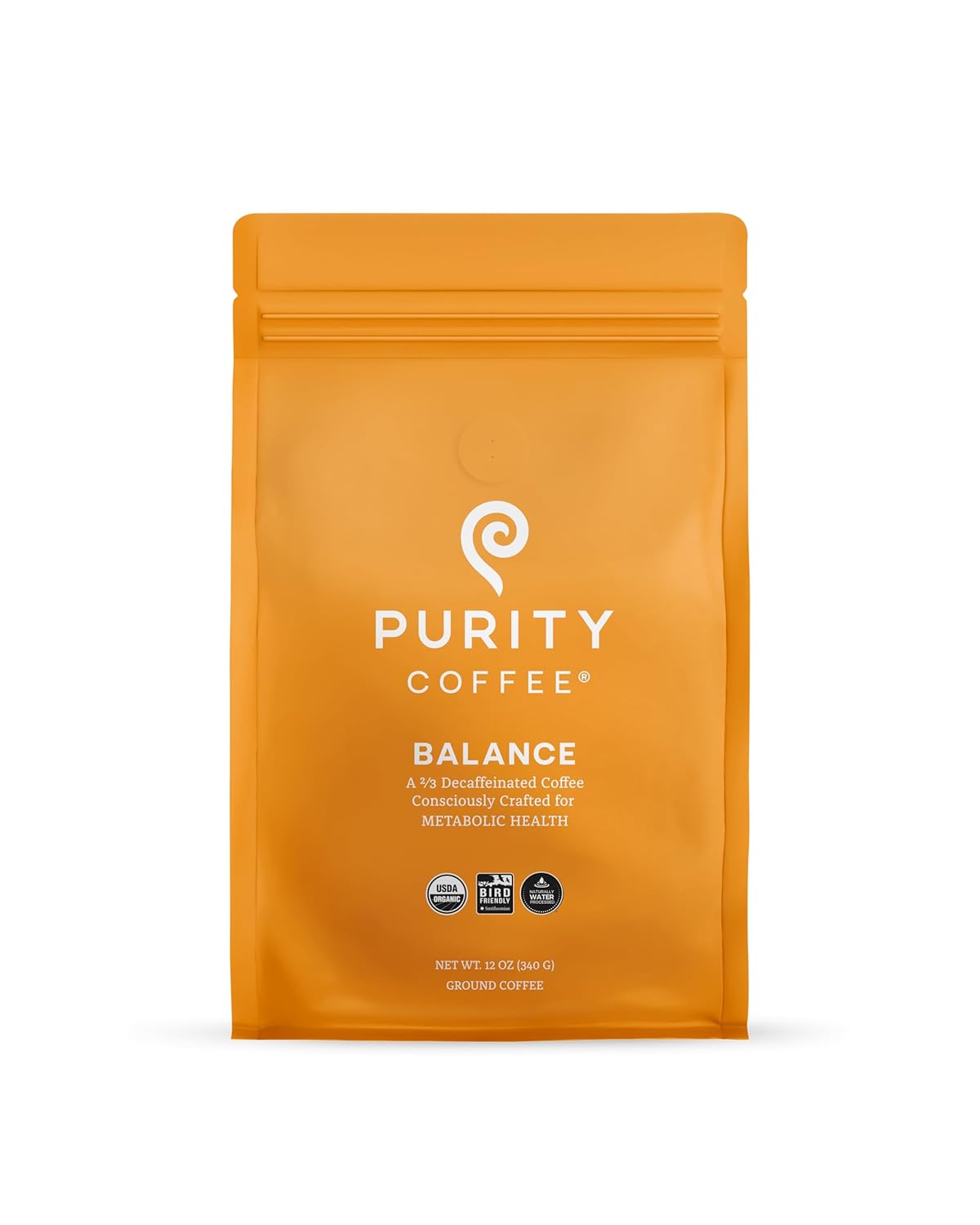Purity Coffee Balance 2/3 Decaf Medium Roast Ground Coffee (12oz Bag) - Specialty-Grade Mountain Water Processed Decaf + Regular Arabica Blend- USDA