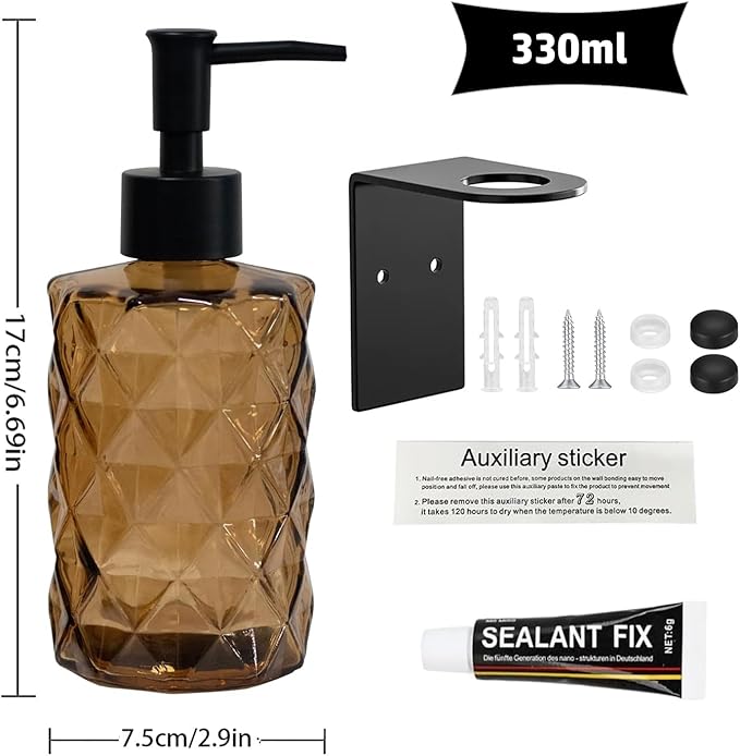 Brown Shampoo and Conditioner Dispenser for Wall Mount, 11oz Clear Glass Shower Soap Bottle for Bathroom, Modern 1 Chamber No Drill, Easy Refill Hand Body Wash Dispensers with Plastic Pump