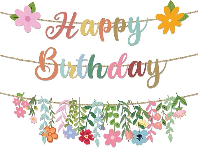 Flower Birthday Decorations, 3PCS Floral Birthday Party Banners Garland Decor No-DIY, Wildflowers Garden Themed Party Supplies Decor for Women