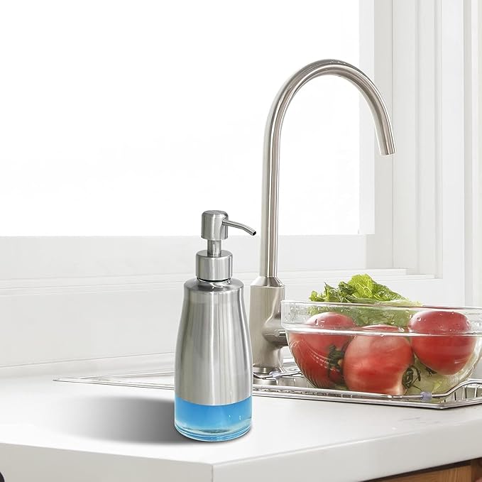 AUMIO Soap Dispenser with Non-Slip Silicone Pad, 2 Pack Kitchen Dish Refillable Liquid Dispensers, Hand Soap Dispenser for Bathroom, Stainless Steel Case Glass Liner Hand Pump Dispenser Silver & Black