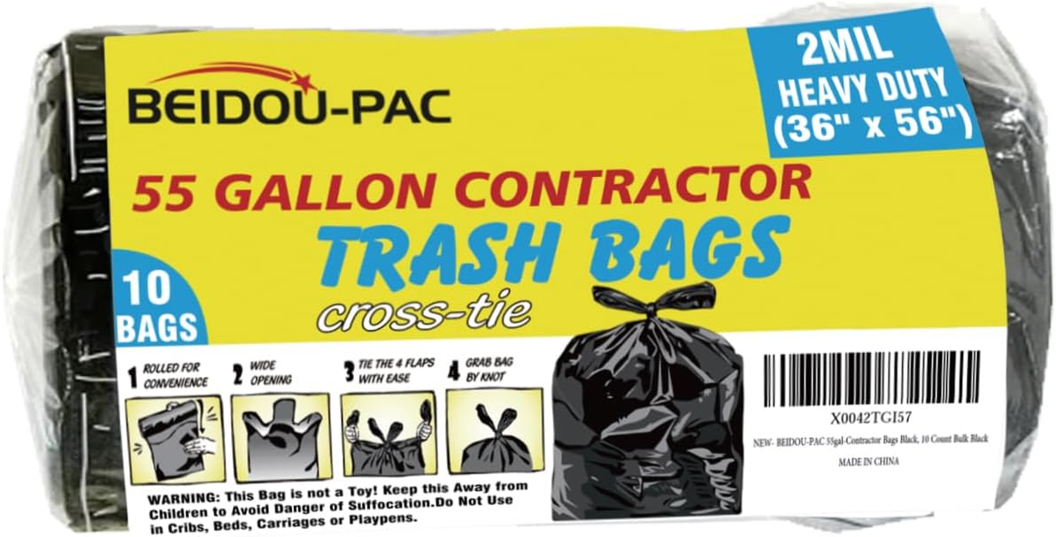 Contractor Heavy Duty Trash Bags 55 Gallon | 10 Count | 2 MIL | 36" X 56" | Large Black Flap Tie Construction Garbage Bags for Business Home Commercial, Industrial, Storage, Outdoor