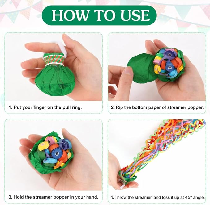 16Pack No Mess Streamers, Green Hand Thrown Streamer Poppers, No Mess Confetti Poppers, Party Poppers with Ribbons, Confetti Streamers for Birthday, Wedding, Celebrations, Graduation, Party Favors