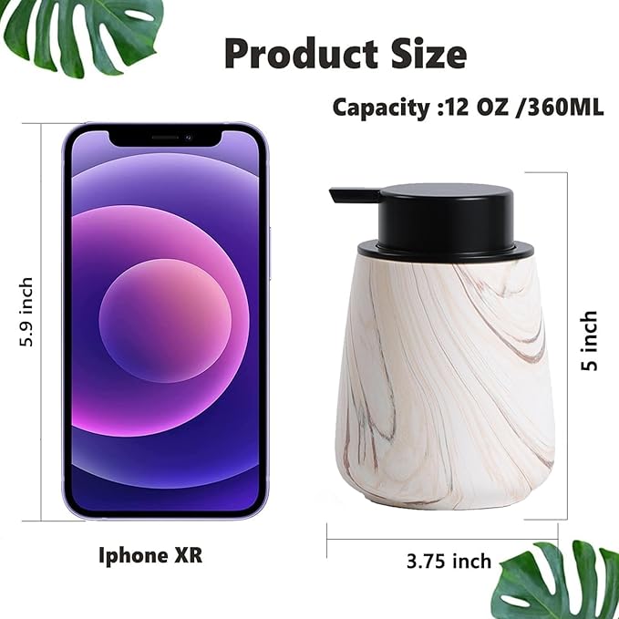 12Oz Ceramic Liquid Soap Dispenser - Modern Lotion Hand Soap Dispenser with Easy-to-Press Black Pump, Reusable and Refillable Dish Soap Dispensers for Bathroom & Kitchen, Marble Brown
