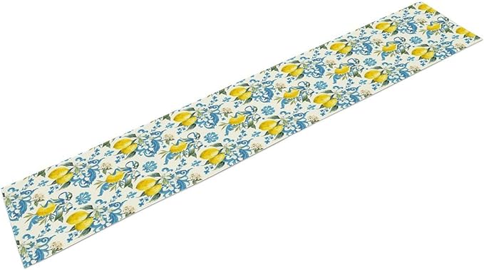 Lemon Flower Table Runner, Summer Fruit Sicilian Style Table Runner for Indoor Outdoor Kitchen Home Party Holiday Dining Table 13x120in