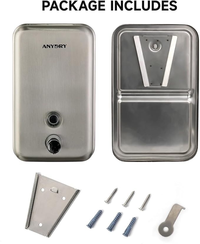 anydry Commercial Soap Dispenser Wall Mount, Brushed Stianless Steel Finish Manual Liquid Soap Dispenser - 37oz (1100ml) Model AD1003