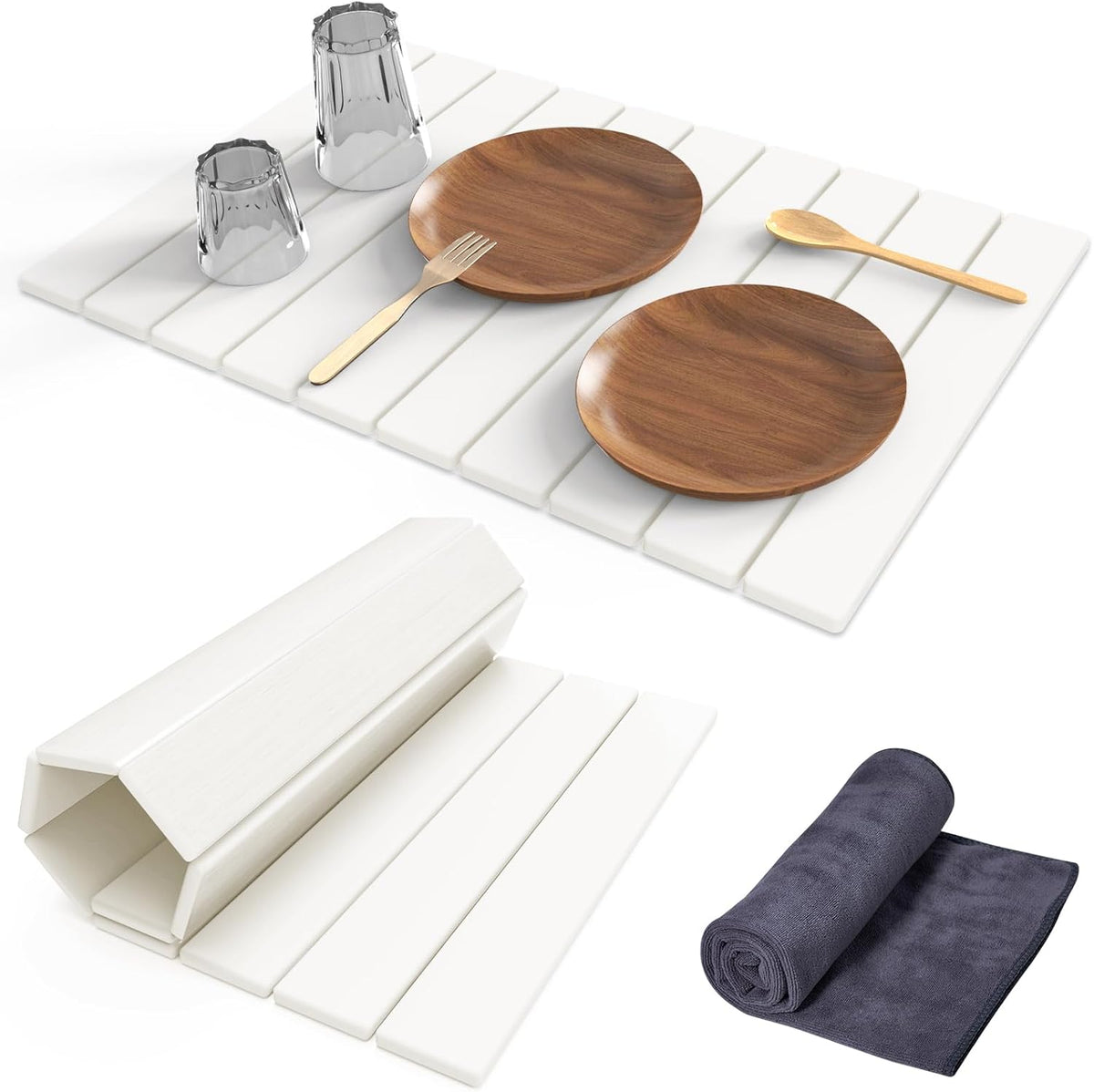 Stone Dish Drying Mat for Kitchen Counter,24"(L)×16"(W) Collapsible Fast-Drying Diatomaceous Earth Mats with Towel Sanding Tool