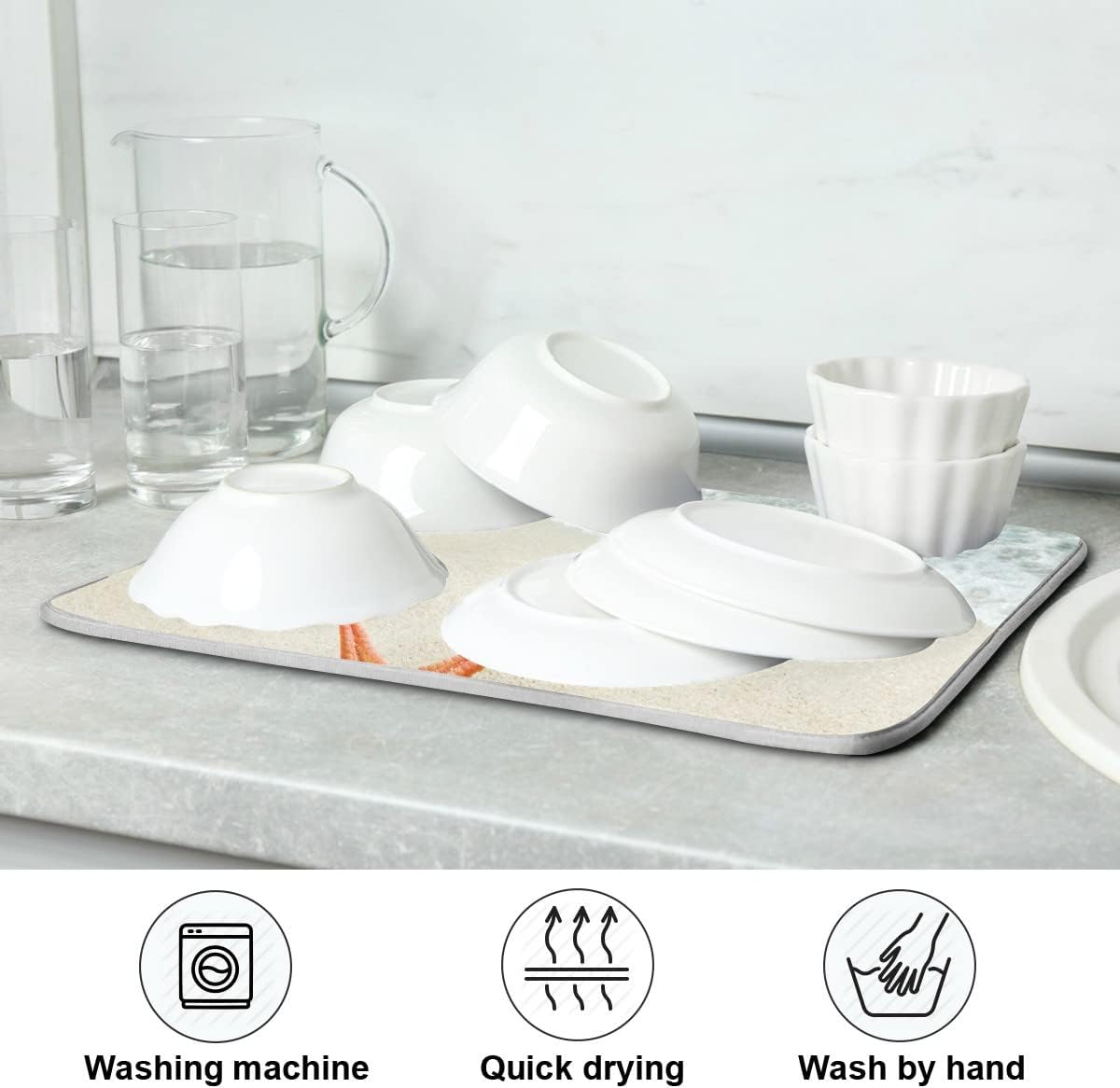 Summer Beach Dish Drying Mat 18 x 24 Inch Sea Wave Shells Starfish Drying Mat with High Absorbent Reversible Microfiber Kitchen Mat Dish Rack Pad