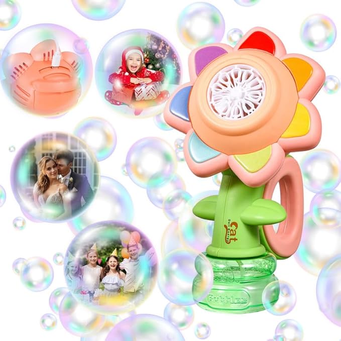 Sunflower Bubble Machine for Kids Automatic Flower Bubble Toy with Colorful Lighting for Toddlers Handheld 20000+Bubbles 3 Modes Fun Swing Dance Bubble Maker Blower Blaster Outdoor Toys Type-C Pink