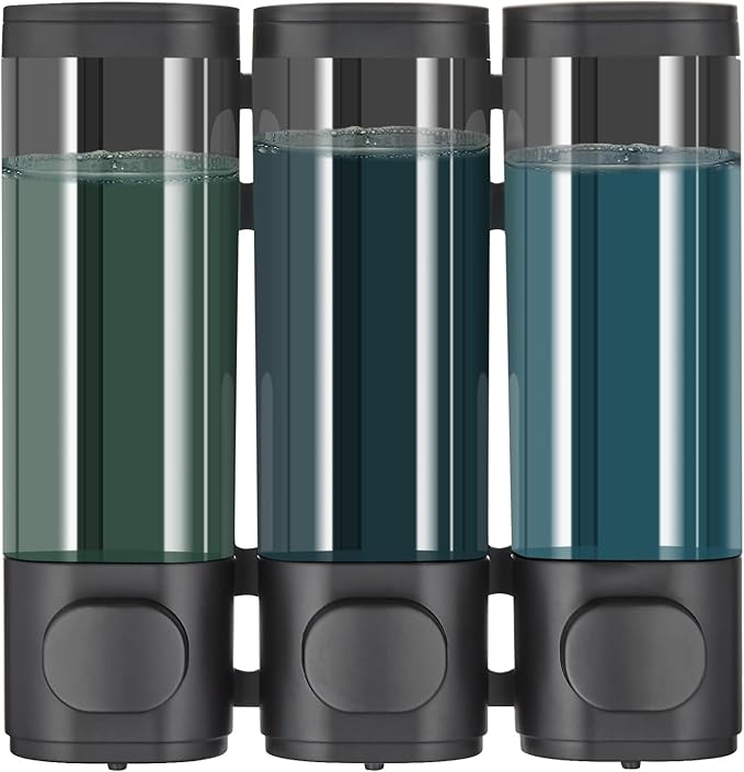 Pollock Shower Dispenser 3 Chamber No Drill Shampoo Conditioner Body Wash Dispenser for Bathroom, Large Capacity, Black