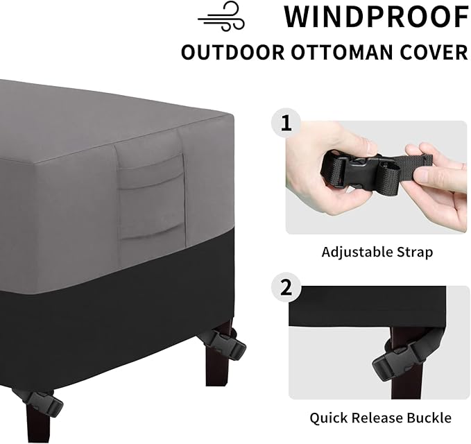 Easy-Going Outdoor Ottoman Cover, Waterproof Patio Ottoman Cover, Heavy Duty Outdoor Furniture Cover with Padded Handles (28"x22"x17", Gray/Black)