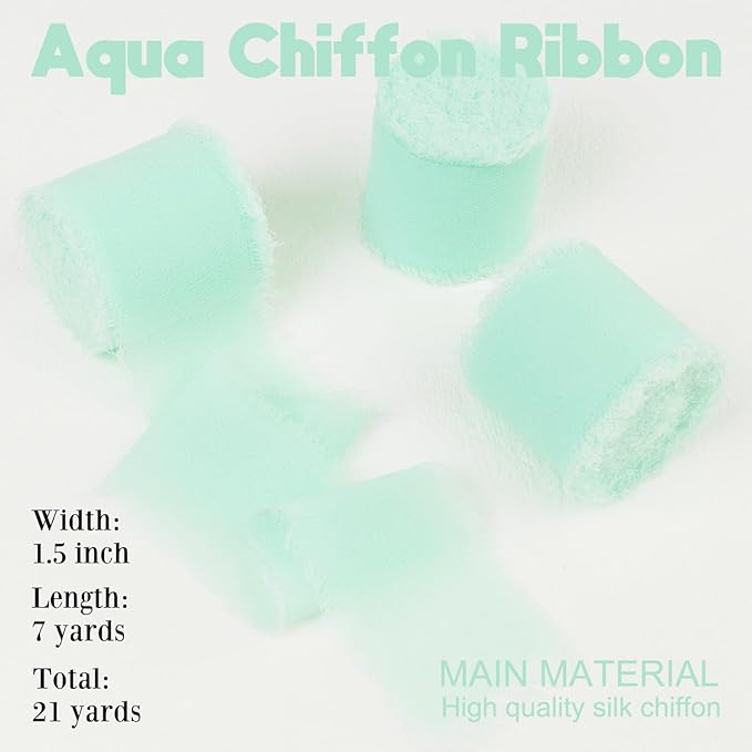 Aqua Chiffon Ribbon - 1-1/2 Inch x 21 Yards, Frayed Silk for Gift Wrapping, Wedding Invitation, Bridal Flower Bouquets