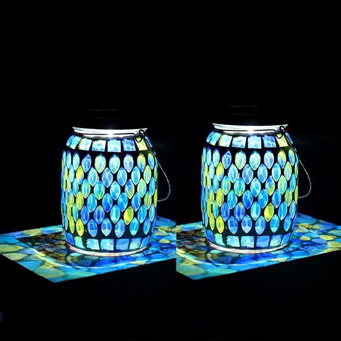 Solar Mosaic 2pack Outdoor Waterproof Cool Blue Mosaic jar Decor Christmas Gifts for Women Mom Grandma Halloween Hanging Solar Lights Decoration Outside for Yard, Patio,Backyard,Porch (Contemporary)