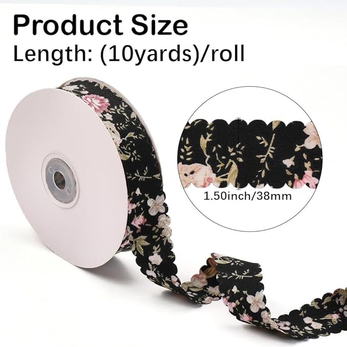 10 Yards 1.5 Inch Spring Summer Flower Floral Printed Ribbons Bloom Black Wavy Edge Trim Scalloped Print Chiffon Trims Polyester Fabric Grosgrain Ribbon for Sewing Making Crafts DIY Wedding