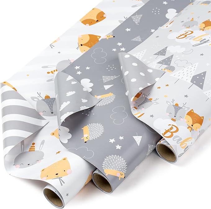 WRAPAHOLIC Reversible Baby Shower Wrapping Paper Roll - Mini Roll - 3 Rolls - 17 Inch x 120 Inch Per Roll - Cute Hedgehog, Animals & Baby Lettering Design for Neutral Baby Shower