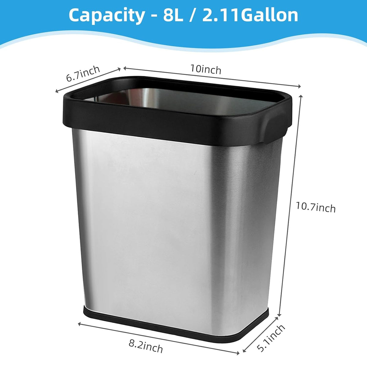 2 Pack Stainless Steel Trash Can 2 Gallon, Open Top Trash Can, 7" x 10" x 11", Rectangle Rubbish Bin, Slim and Narrow, No Lid Small Wastebasketfor Kitchen, Bathroom, Living Room, Office
