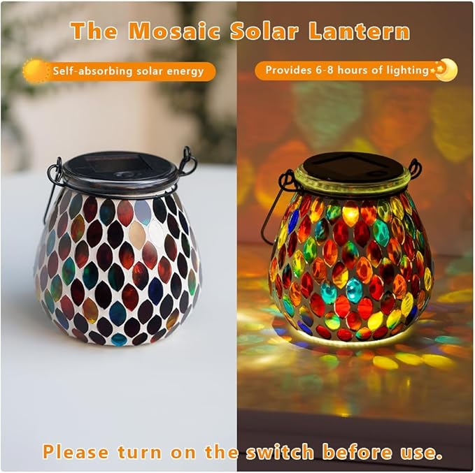 Starsoul Solar Lanterns Outdoor Waterproof, Exquisite Colorful Mosaic Glass Solar Garden Decor, Gifts for Women Mom Grandma