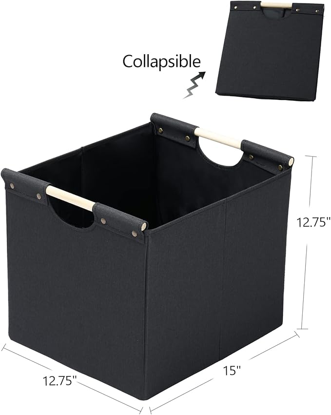 HOONEX Large Collapsible Storage Bins, Linen Fabric, Pack of 2, Storage Baskets with Wooden Carry Handles and Sturdy Heavy Cardboard, for Home, Office, Car, Nursery, Black