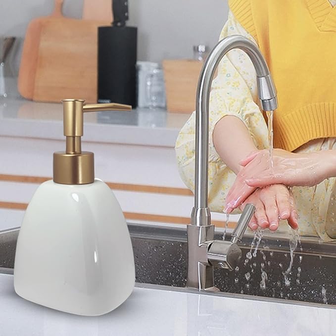 Liquid Soap Dispenser for Bathroom with Gold Pump，Dish Soap Dispenser for Kitchen，Refillable Countertop Lotion Ceramics White Hand Soap Dispenser for Shower 430ml (Pyramid White Bottle)