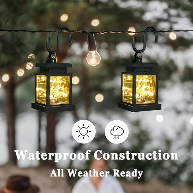 JHY DESIGN Set of 2 Black Solar Lanterns Outdoor Waterproof Solar Powered Table Lamp 5" H Hanging Lanterns with Warm LED Fairy String Lights for Patio Garden Landscape Decoration Yard Lawn（with Clamp）