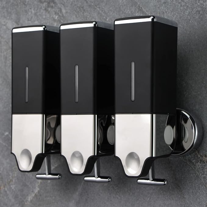 3 x 500ml per Cup Wall Mounted Manual Soap Dispenser for Home, Bath, Kitchen, Hotels, Restaurants. Shower and Lotion Dispenser (Black)