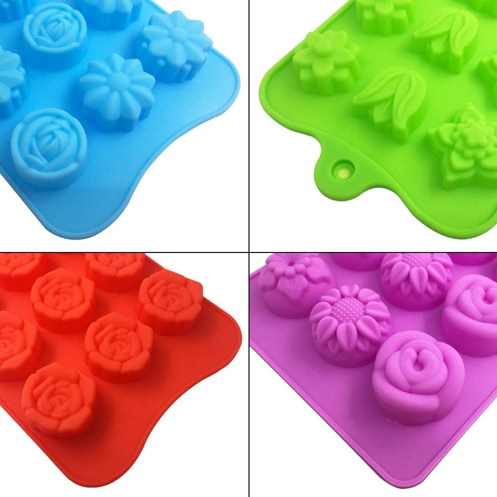 4 Pack Flower Shape Chocolate Candy Molds Set,DanziX Silicone 15 Cavity Baking Mold Ice Cube Tray for Wedding,Festival,Parties and DIY Crafts-Green